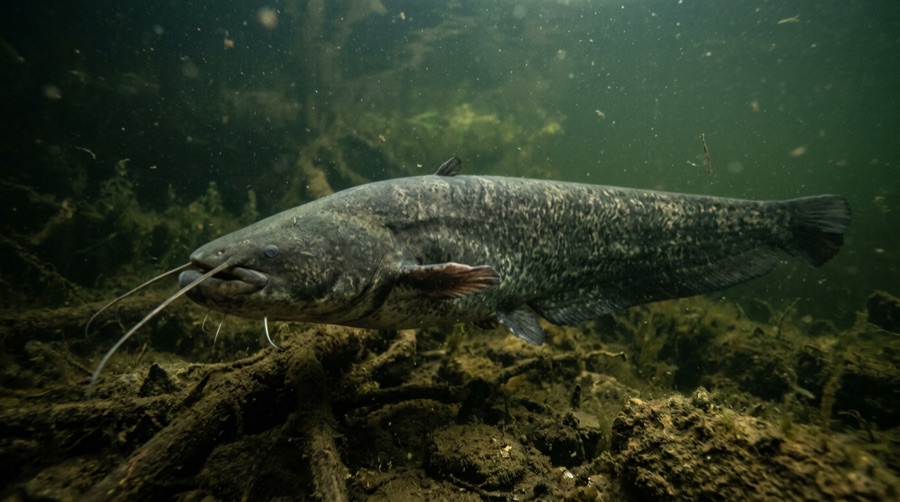 Сом в речной воде — иллюстрация для узнавания вида в статье о рыбалке на Волге в Усовке
